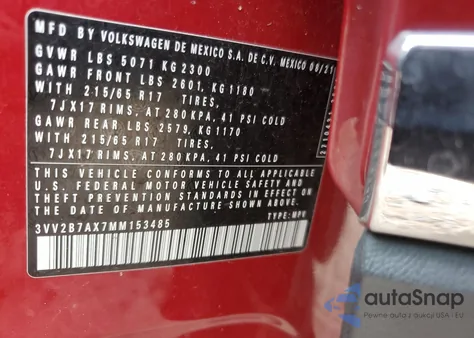 2021 Volkswagen Tiguan Se z USA, uszkodzony, nr VIN 3VV2B7AX7MM153485